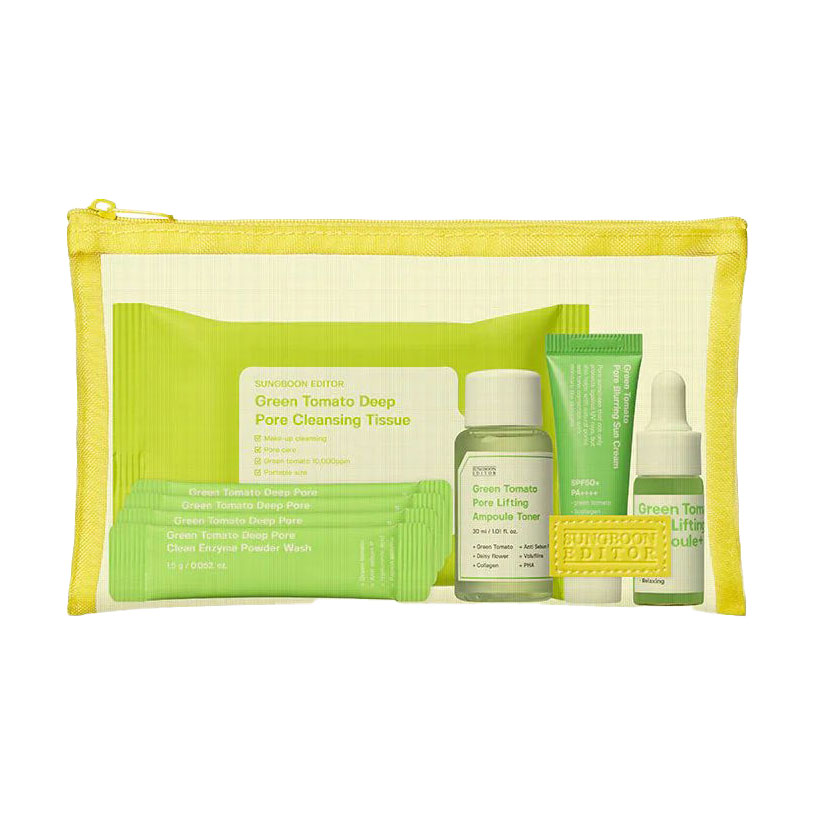 Набір для обличчя Sungboon Editor Green Tomato Travel Kit (серветки, 10 шт + ензимна пудра, 4*1.5 г + тонер, 30 мл + сироватка, 10 мл + крем, 10 г)